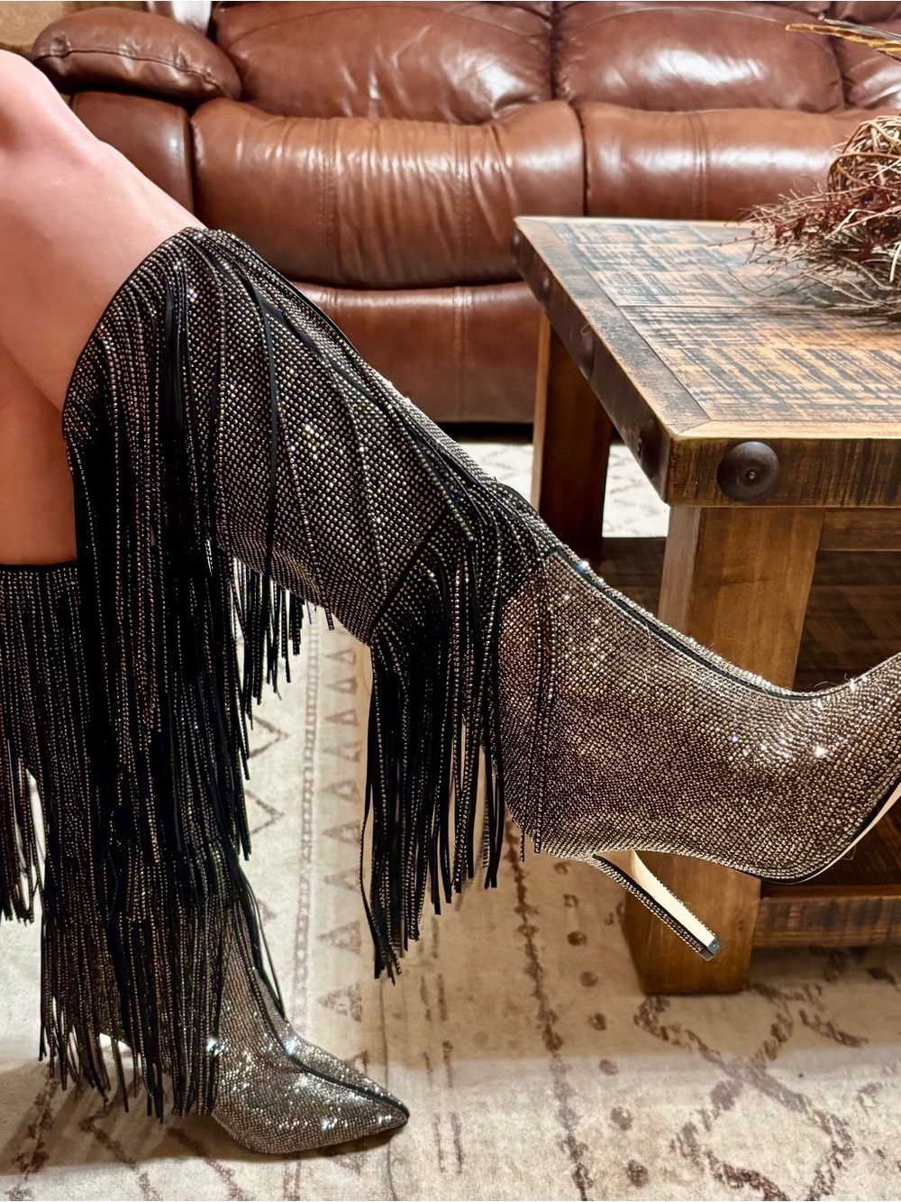 INC International Concepts Black Glitter Fringe Knee-High Heeled Boots